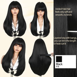 Long Straight Layered Wigs with Bangs Black Wigs for Women 4x2 Realistic Simulation Scalp Put on and Go Glueless Wigs Synthetic Wig Heat Resistant Fiber Daily Use Cosplay(Natural Black, 26Inch)