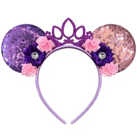 Trnerm Flower Mouse Ears Headband for Women, Cute Crown with Purple & Pink Flower Sequin Park Ears