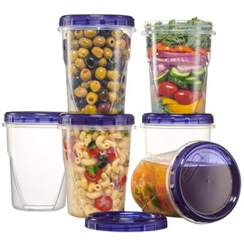 PLASTICPRO 6 Pack Twist Cap Food Storage Containers with Blue Screw on Lid- 32 oz Reusable Meal Prep Containers - Freezer and Microwave Safe Blue Plastic Food Storage