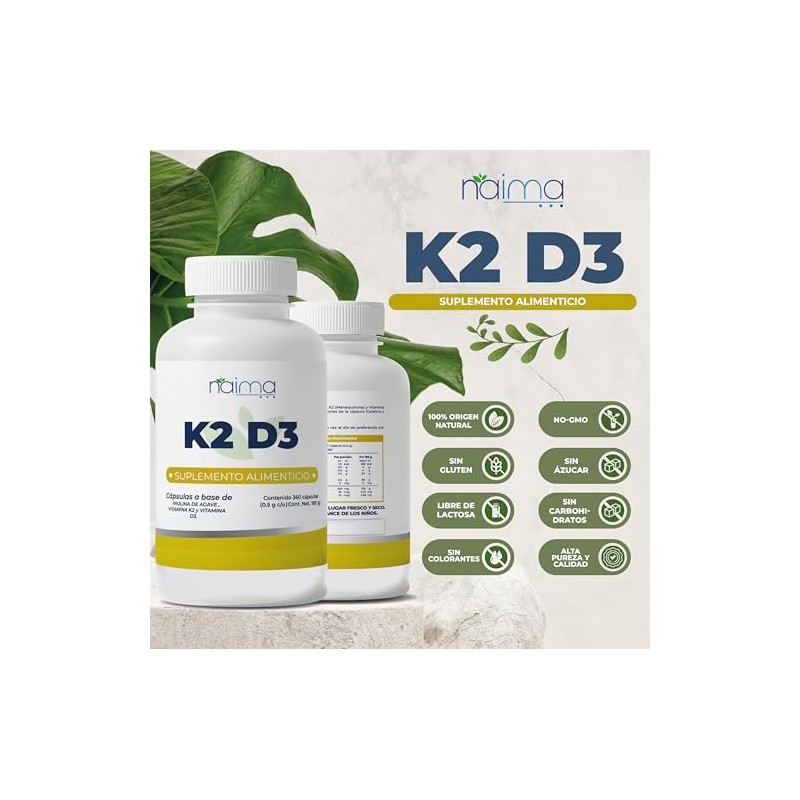 NAIMA K2 D3, 360 Cápsulas | Suplemento Alimenticio 100% Puro