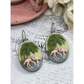 FANCY FOX BOUTIQUE Pink Flamingo Vacation Silver Wedding Gift Anniversary Earrings Cameo Birthday