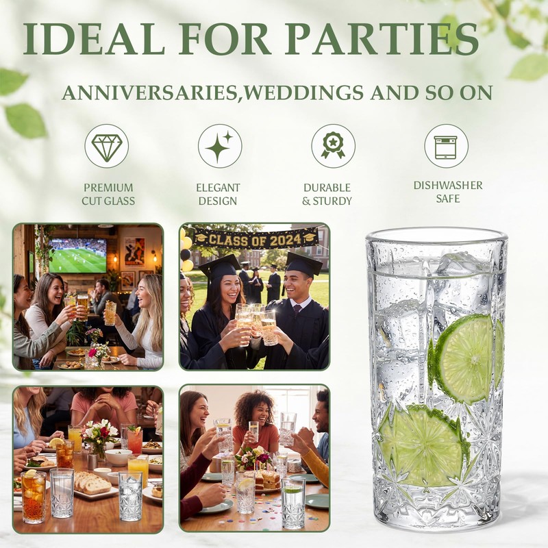 Patelai 24 Pack Tall Highball Glasses Set, 14.5 oz Pint