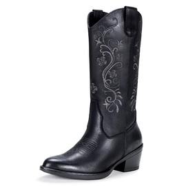 Vepose Women's Black Cowboy Cowgirl Western Mid-Calf Pull on Boots, Classic Vintage Embroidered Boots with Chunky Heel and Pointed Toe, 9802 Size 9 US (CJY9802 black 09)