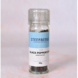 Steenbergs Organic Black Peppercorns 40g in a grinder