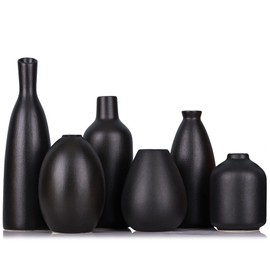 Black Ceramic Bud Vases Set of 6, Farmhouse Decor, Fireplace Decor, Mantle & Shelf Decor, Decoration for Living Room, Entrance, Bathroom & Office