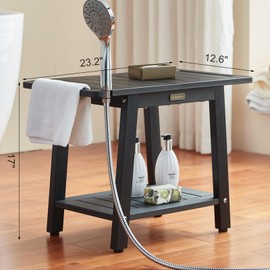 HDPS Shower Bench Seat for Inside Shower, Waterproof Shower Stool with Handles & Shower Head Holder, Bathroom Shower Chair Seat for Shaving Legs, Black Shower Foot Rest with Adjustable Feet, Non-Slip