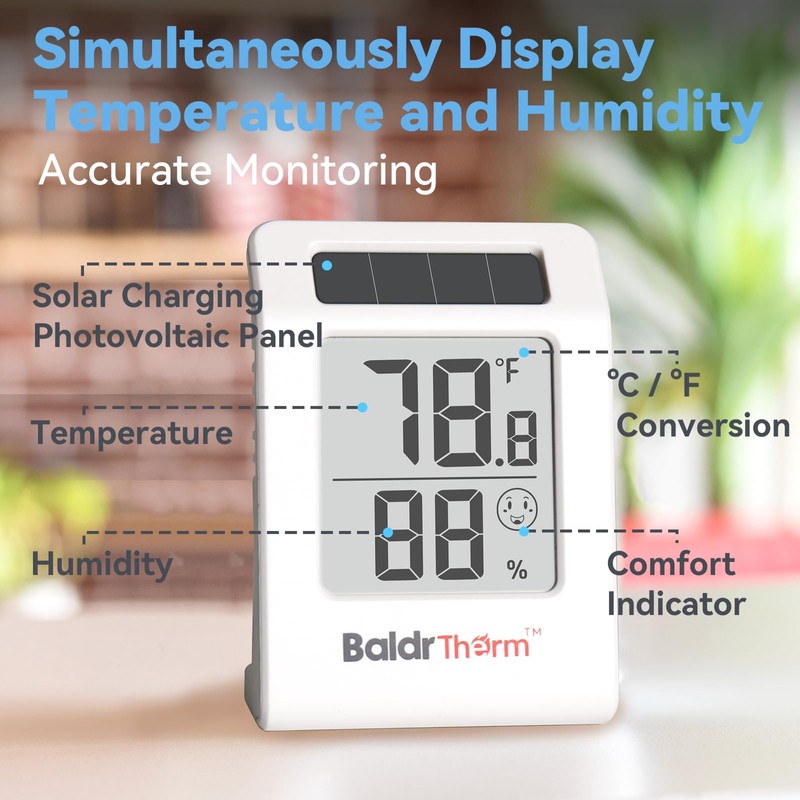 BaldrTherm Humidity Meter Hygrometer, Solar-Powered Room Thermometer Indoor Digital Temperature