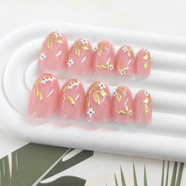 Press on Nails Short Round Fake Nails with White Flower Gold Leaves Designs Glitter Glue on Nails Pink Full Cover Nails Press ons Glossy False Nails Artificial Stick on Nails for Women 24Pcs