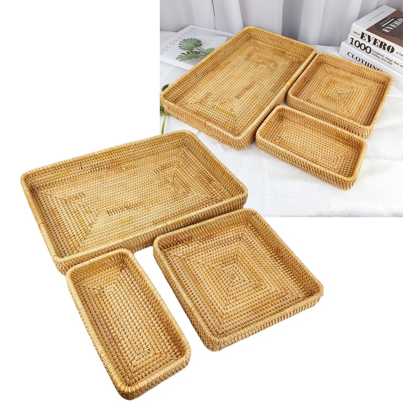 Rattan Tray Tabletop Organization Hand Woven Snack Storage Basket Multifunctional