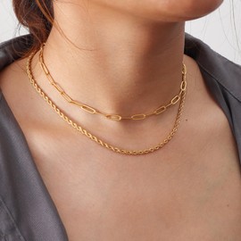 Hasumm Dainty 18K Gold Plated Layered Herringbone Necklace Minimalist Stainless Steel Snake Chain Choker Necklace Waterproof Jewelry Gifts for Women (Paperclip/Rose)