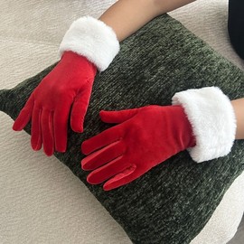 Christmas Party Performance Gloves - Short Canary Velvet with White Fur LF1129 - Free Size/Christmas Fur Black-Green - Adult One Size 10ea