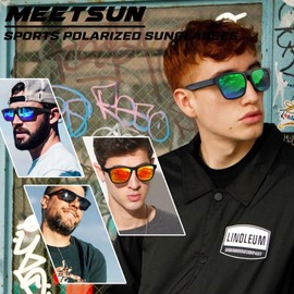 MEETSUN Polarized Sunglasses For Men Women UV Protection Square Frame Sport Fishing Driving Sunglasses (Black/Green Mirrored)