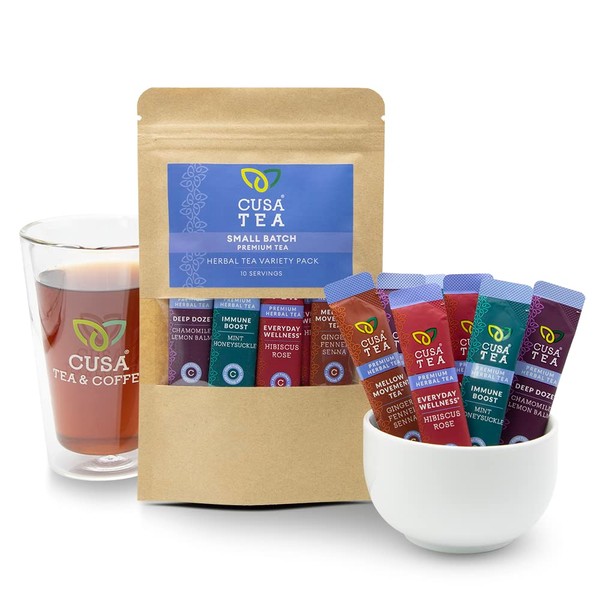Cusa Tea & Coffee | Herbal Tea Variety Pack | Premium Caffeine Free Instant Tea | Hot & Iced Tea with No Added Sugar (10 Single Servings)