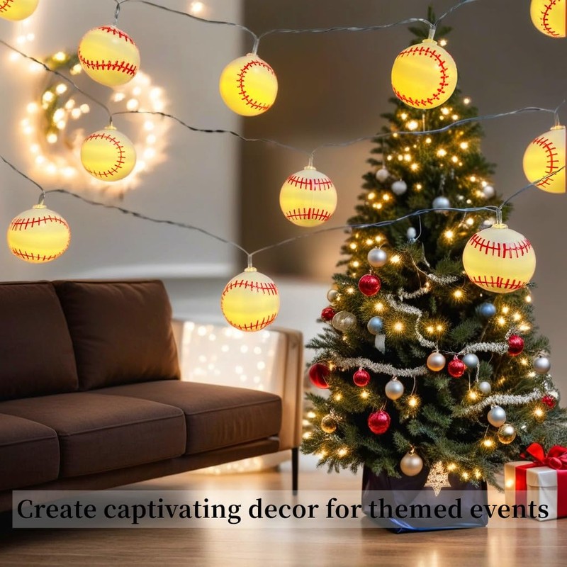 9.8ft Baseball Theme String Lights with Remote,Timer Dimmable Function,USB Powered