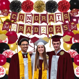 Maroon Gold Graduation Decorations 2025 - Congrats Grad Banners, Paper Pompoms, Star Foil Balloons and Hanging Swirls for 2025 Graduation Party Decoration Supplies