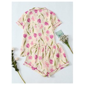 Floerns Women's 2 Piece Pajama Set Floral Button Down Shirts and Shorts Sets Sleepwear, Apricot Multi, L