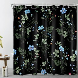 LB Blue Floral Shower Curtain Watercolor Flower with Green Leaves on Black Background Bathroom Shower Curtain Botanical Bathroom Decor with Hooks 72Lx72W Inch Polyester Fabric Bath Curtain