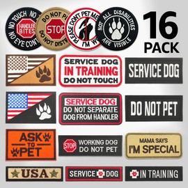 GUX 16 Pack Service Dog Patches Set, Tactical K9 Working Dog Patch Kit with Hook & Loop, Embroidered in Training, Do Not Pet, Therapy Dog, American Flag Removable Patches for Vest, Harness & Collar