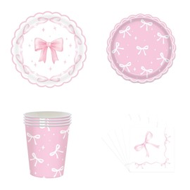 LOONELO Pink Bow Themed Party Supplies, 50pcs Pink Bowtie Plates, Cups, Disposable Napkins, Coquette Girl Bow Knot Tableware Set for Birthday, Wedding, Bridal Shower, Engagement Decorations