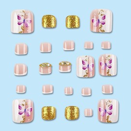 Press on Toenails Square Short Fake Toe Nails White French Tip Toe Nail Press ons Summer False Toenails with Butterfly Glitter Designs Cute Acrylic Toenails Nude Stick on Toenails for Women 24Pcs