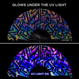 Ravevibes 13" Large Rave Fan Folding Hand Fan, Bamboo Festival Clack Fan Foldable UV Glow Edm Fans For Rave Outfits Accessories Performance Dance Party For Men Women, Neon Lines