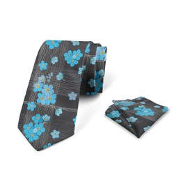 Ambesonne Flower Men's Tie Set, Forget Me Not Blossoms on a Dark Background with Grid Pattern Botany, Necktie Set Groom Handkerchief for Parties Weddings & All Occasions, Charcoal Grey Yellow