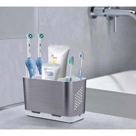 LAFARA Toothbrush Holders for Bathroom Organizer Countertop, Detachable Anti-Slip Large Electric Toothbrush Holders, Brushed Nickel Toothbrush and Toothpaste Storage Caddy Drainage for Family, Kids