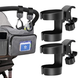 Drinks Holder Pram, Pack of 2 Universal Drink Holders, 360 Degree Rotation Bottle Holder, with 2 Hooks, Bottle Holder Accessories for Babies, for Trolleys, Pushchairs and Wheelchairs, Easy Assembly