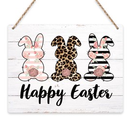 Easter Decoration Happy Easter Wall Decor Easter Bunny Decor Easter Front Door Decor, Blush Floral Leopard Easter Wooden Sign Wall Art Decor for Farmhouse Home Porch Bedroom Living Room Office