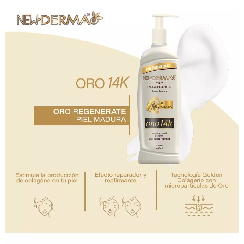 New Derma Crema Corporal Oro 14k Máximo Colageno 400 Ml