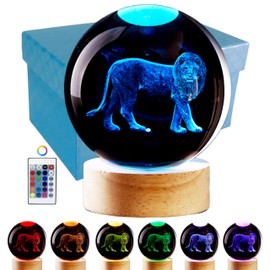 3D Crystal Ball Lamp with Lifelike LED Lion, 16 Color Changing Light, Dimmable Remote Control