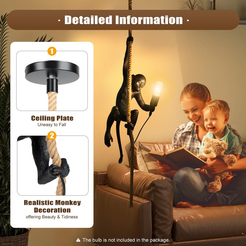 Resin Monkey Wall Light,Adjustable Height Resin Hemp Rope Pendant Lights