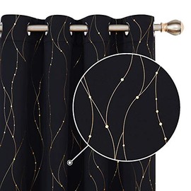 Deconovo Black Blackout Curtains Wave Line with Dots Golden Printed Grommet Window Curtains for Living Room 52 x 84 Inch Black 2 Panels