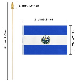 QQSD El Salvador Small Flag Salvadoran Stick Mini Hand Held Flags - Solid Wooden Pole with Spear Top, 12 Pack