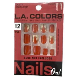 L.A. Colors NAILS ON 12 Nails PASSION Short Square Glossy+French Tip Red+Gold