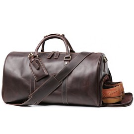 Leathfocus Leather Travel Luggage Bag With Side Pocket, Mens Duffle Retro Carry on Handbag (Dark Brown)