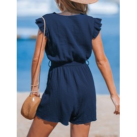 CUPSHE Women's Jumpsuit V-Neck Wrap Look Romper Flutter Sleeves Wide Leg Jumpsuit Summer Short Loose Playsuit, darkblue