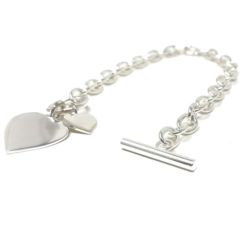 Sterling Silver Bracelet with Double Heart Tag with Bars and