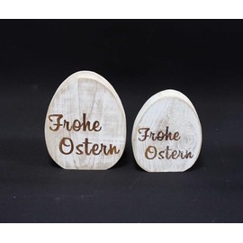 FRANK FLECHTWAREN Decorative Egg Happy Easter, Set of 2, Wood, Whitewashed Dimensions: Height 14 cm, 16 cm