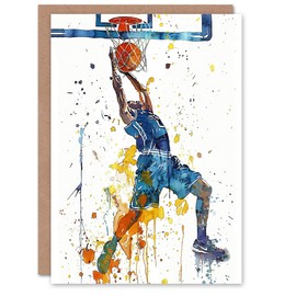 Artery8 Greeting Card Basketball Player Slam Dunk Sport Watercolour For Him Man Birthday Card