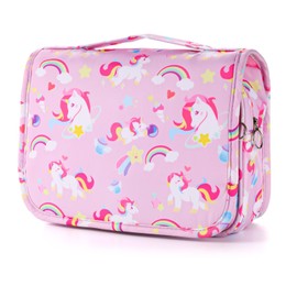 Vipdeal Kids Hanging Toiletry Bag for Girls, Travel Toiletry Bag for Little Young Girls Cosmetic Makeup Waterproof Wash Bag Toddler Traveling Toiletries, Unicorn Pink