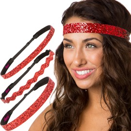 Hipsy REGULAR Size, Adjustable No Slip Sparkly Bling Mixed 3pk Headbands for Women Girls & Teens (Bling Glitter Mixed Red)