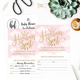 Hadley Designs 25 Pink Blush Gold Girl Heaven Sent Clouds Baby Shower Invitations Cute Celestial Angel Printed Fill In The Blank Invites Shabby Chic Unique Custom Coed Party Card Stock Paper Supplies