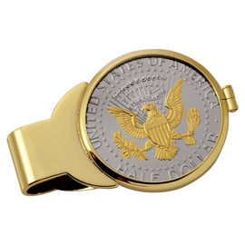 American Coin Treasures Genuine U.S. Coin Money Clip - Presidential Seal JFK Half Dollar Selectively Layered in Pure 24k Gold | Brass Moneyclip | Holds Currency, Credit Cards, Cash