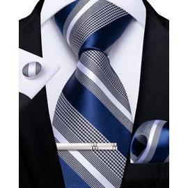 DiBanGu Men's Tie Set Silk Striped Checked Tie with Pocket Square Cufflinks Tie Clip Set for Wedding Formal, Blue and Grey
