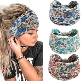 Headbands for Women Ladies Wide Hair Band Boho Floral Print Knot Elastic Running Yoga Head Wrap Hairbands（3 Colors）