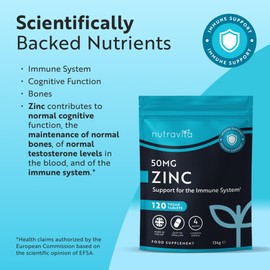 Nutravita Zinc Tablets 50mg – 120 High Strength Vegan Tablets (4 Months Supply) – Highly Absorbable Zinc Supplements for Maintenance of Normal Immune System, Bones, Hair, Skin & Nails – Made in UK