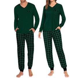 SWOMOG Adult Christmas Pajamas Buffalo Plaid Pajama Pants with Pockets Long Sleeve Tops for Couples & Family