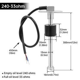 ARTILAURA Fuel Sending Unit and Gauge Kit, 240-33ohms 12" (300mm) Boat Marine Fuel Tank Sender Stainless Steel Gas Sensor for Car Truck Vehicle (Black)