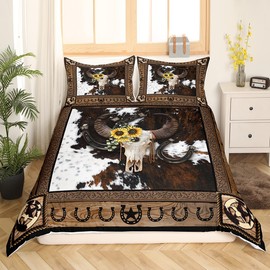 Cow Skull Kids Duvet Cover Set Full Size,Western Cowboy Horseshoes Wooden Plank Bedding Set,Boys Girls Adults Room Decor,Cow Fur Rustic Retro Comforter Cover,White Brown Quilt Cover,2 Pillowcases